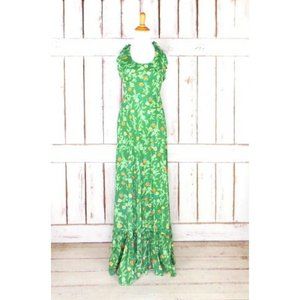 70s vintage green Rage of California floral maxi halter dress